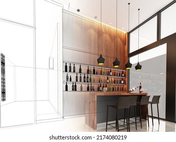 Sketch Design Of Liquor Bar,3d Wireframe Rendering
