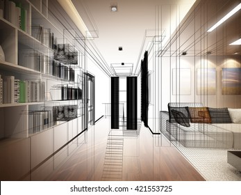 sketch design of living room ,3dwire frame render