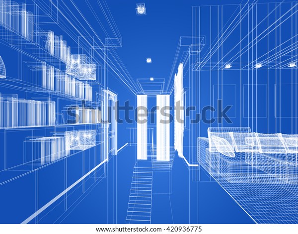 sketch design\
of living room ,3dwire frame\
render