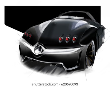 A Sketch Of The Design Of A Modern Futuristic Sports Car. Concept Project. Illustration.