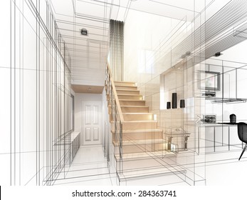 sketch design of stair hall ,3dwire frame render   