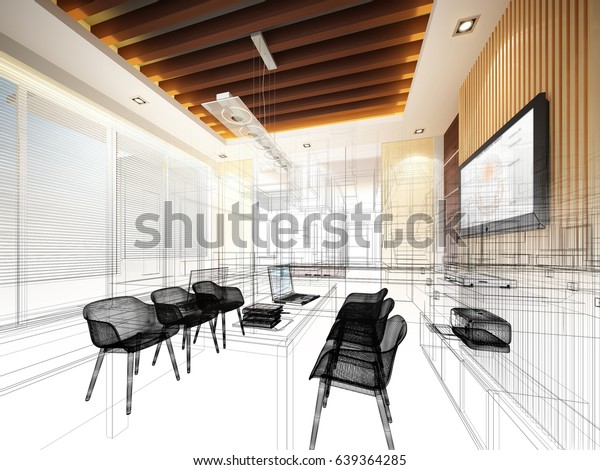 sketch design\
of study room ,3dwire frame\
render