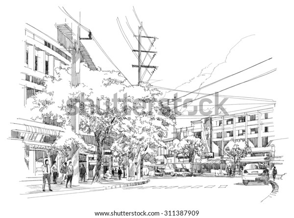 sketch drawing of\
city\
street,Illustration.