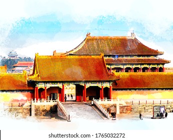 Sketch And Drawing Digital With Water Color Of  The Forbidden City With Blue Sky In Beijing, China