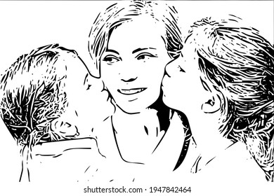 Sketch Of A Drawing On A White Background, A Sketch With Black Lines Of Little Daughters Kissing Their Mother On The Cheeks, The Concept Of Maternal Love, Happy Parenthood