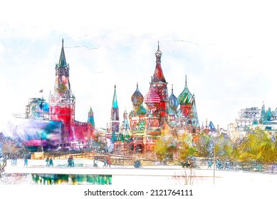 Sketch   Drawing and watercolor moscow city sunset  St  Basil's Cathedral   Kremlin Walls   Tower in Red square in sunny blue sky  Moscow  Russia  