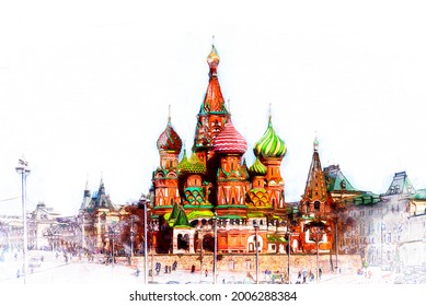 Sketch   Drawing and watercolor Moscow Russia  St  Basil's Cathedral   Kremlin Walls   Tower in Red square in sunny blue sky  Red square is Attractions popular's touris in russia