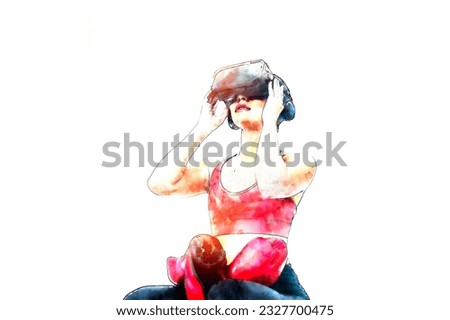Sketch and Drawing with watercolor painting of Asian sport woman wear sportswear and VR virtual reality headset exercise boxing fight with game controller and workout in home..