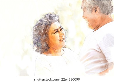 Sketch and Drawing with watercolor painting of Happy asian senior retired couple, relax smiling elder man and woman enjoying with retired vacation at sea beach. Health care, Family outdoor lifestyle - Powered by Shutterstock