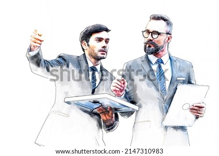 Sketch and Drawing with watercolor painting of Two Businessman talking and checking quality power solar cell with laptop computer on site new project power solution business