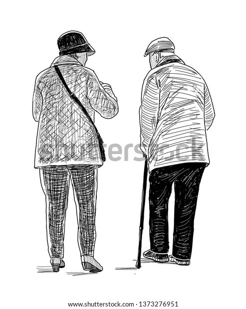 Sketch Elderly Spouses On Stroll Stock Illustration 1373276951