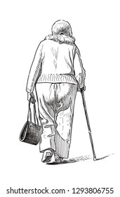 Sketch Elderly Woman Going On Walk Stock Illustration 1293806755 ...