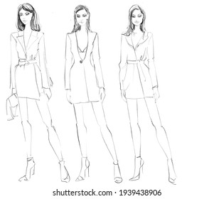 Sketch. Fashion Illustration on a white background. Woman in evening dress