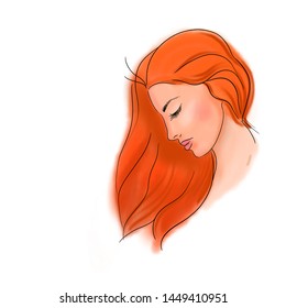 Sketch of a female profile with long red hair isolated on a white background.