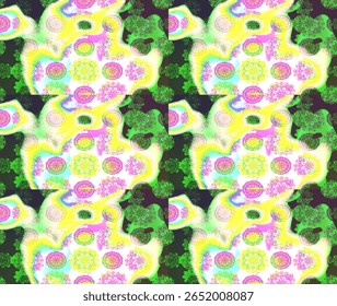 Sketch flowers pattern. Flat Flower Elements Design. In asian textile style. Flowers on green colors. Raster illustration. Colour Spring Theme sketch pattern Background.