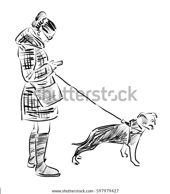 Sketch Girl Her Dog Stock Illustration 597979427