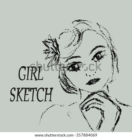 Sketch Girl Short Hair Line Graphic Stock Illustration