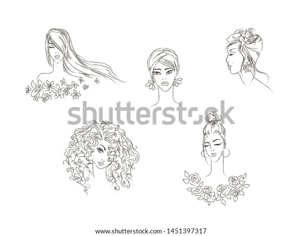 Sketch Girls Beautiful Hairstyles Stock Illustration 1451397317