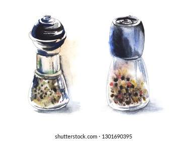 Sketch Glass Pepper Grinder With Pepper. Watercolor Illustration Drawn By Hands On Wet Paper.