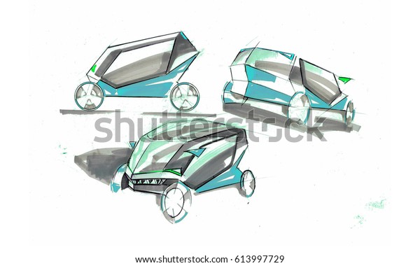 The\
sketch is green electric car is inspirated by cubism and nature. It\
is sketch with marker suitable for young people. Its very simply\
clever small and smart car suitable to the\
city.