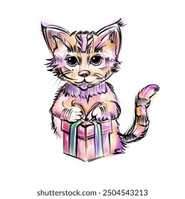 Sketch hand drawn ginger cat opening a gift box, black line - Powered by Shutterstock