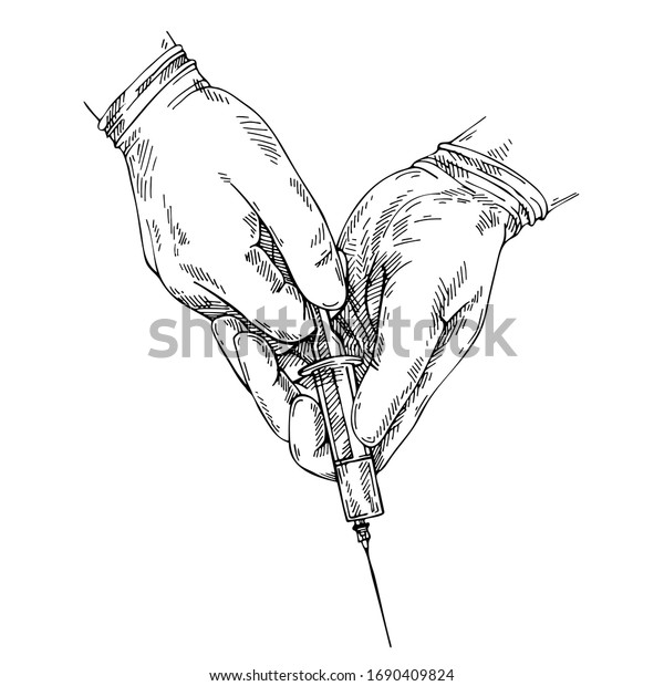 手袋を持つ手をスケッチする 注射器に詰める医師 注射器を持つ手 注射 のイラスト素材