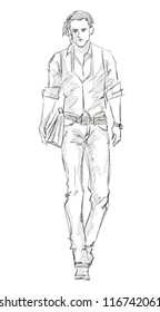 Sketch. Handsome Stylish Man Showcasing Street Fashion