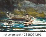 Sketch for Hound and Hunter (ca. 1891–1892) by Winslow Homer. Vintage hunter art drawing illustration, old hunting dog painting art print. American realism painting by famous artist Winslow Homer.