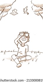 A Sketch Illustration Of A Boy Birdwatching