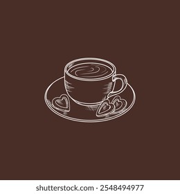 Sketch illustration of a white contour cup with a hot drink on a saucer and heart shaped cookies coffee background. Line art style drawing creating a cozy mood - Powered by Shutterstock