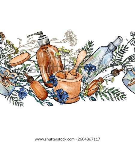 Sketch image of a seamless border consisting of cosmetic utensils for making and storing natural cosmetics combined with wildflowers and medicinal plants such as tansy, immortelle and cornflower.