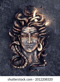 Sketch image of Shiva's head as a symbol of Shivaism-Hinduism. Gurudeva. Mahadev. Mahamaya. Maha Shivaratri.
