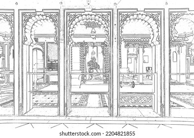 
Sketch Inspiration Of Magnificent King Room In City Palace Udaipur, Rajasthan, India. Architectural Drawing Line Art.