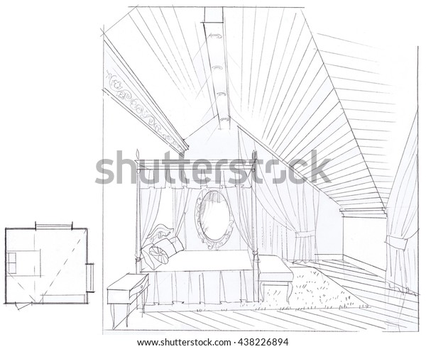 sketch of interior\
bedroom painted\
hands\
