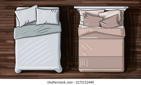 Sketch Of Interior Design, Two Beds - One With A Blue Bed, The Other With A Pink One, On A Background Of Wooden Parquet. Top View