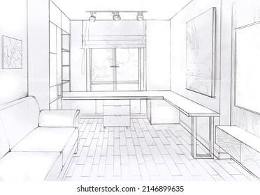 Sketch Interior Living Room Pencil Drawing Stock Illustration ...