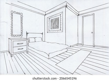 Sketch Interior Room Two Point Perspective: ilustrações stock