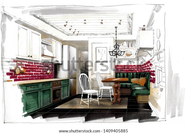 Sketch Interior Small Kitchen Stock Illustration 1409405885