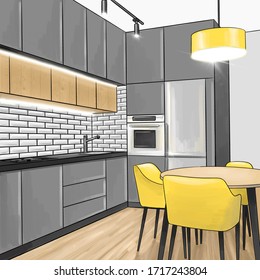 Sketch kitchen colored. Gray interior design. Yellow accents. Complete kitchen, lighting, table, chairs, cutting surface, laminate, white tile, refrigerator, oven