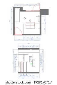 Sketch Layout And Front View Drawing Of Kids Bedroom. Drawing Plan Of Bedroom With Dimensions. 2d Illustration. 