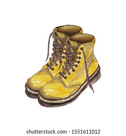 Sketch of lether shoes. Hand drawn Watercolor  illustration of autumn boots isolated on white background