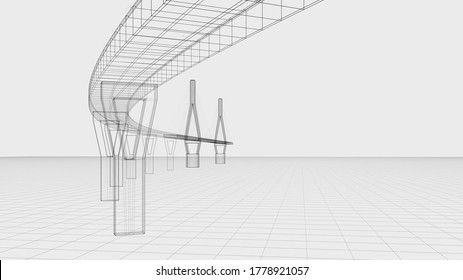 Sketch lines of suspension bridge, 3d rendering. 