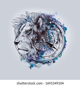 Sketch lion's head and compass white background 