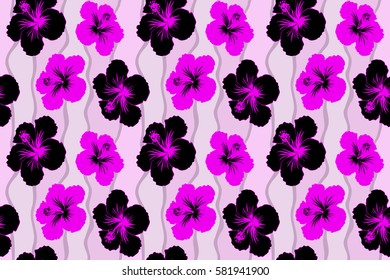 Sketch of many black and magenta flowers. Hand drawn seamless flower illustration. Seamless pattern of black and magenta hibiscus floral background.
