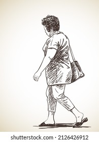 Sketch Of Mature Woman Walking, Hand Drawn Illustration