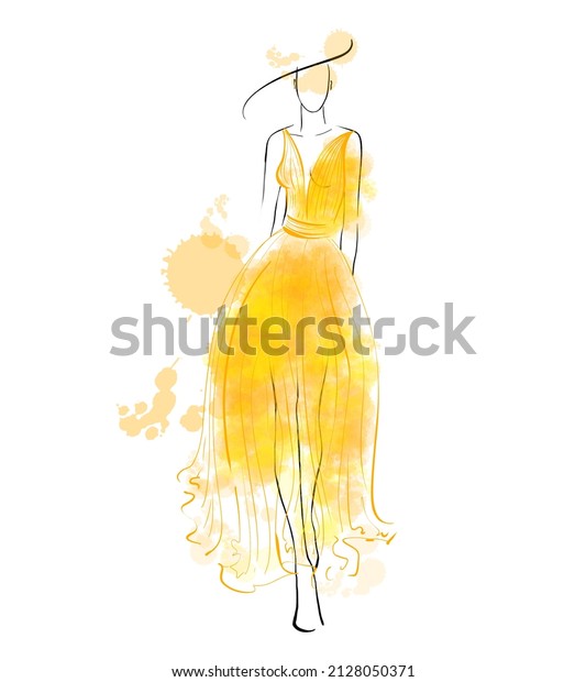 A sketch of the model in the\
hat and yellow dress. Line woman silhouette. Fashion\
sketch.