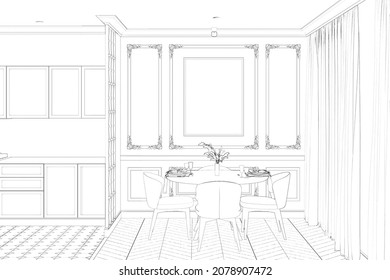 Sketch Of The Modern Classic Kitchen And Dining Room With The Blank Vertical Poster Above The Round Dining Table, A Wall With Classic Moldings, Kitchen Cabinets. 3d Render