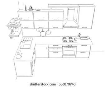 Sketch Modern Corner Kitchen 3d Contour Stock Illustration 586870940 ...