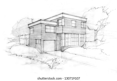 Sketch Of A Modern Cubic House. First Idea Of An Architect.