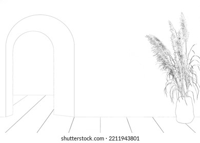 Sketch Of The Modern Interior With A Sunbeam On The Blank White Wall, Arched Doorway, Large Ears Of Corn In Clay Vase, Terracotta Ceramic Tile Floor. Front View. 3d Render